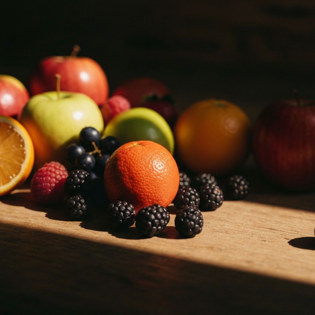 Assortment of fresh ripe colorful fruits on a wooden surface