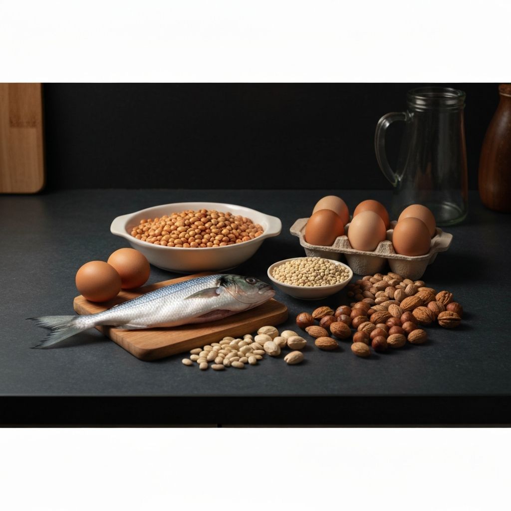 Fresh fish fillet, legumes and nuts in ceramic dishes