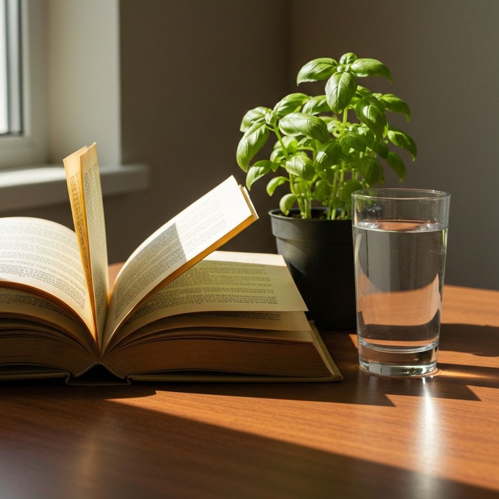 An open book beside a potted herb plant in warm morning window light