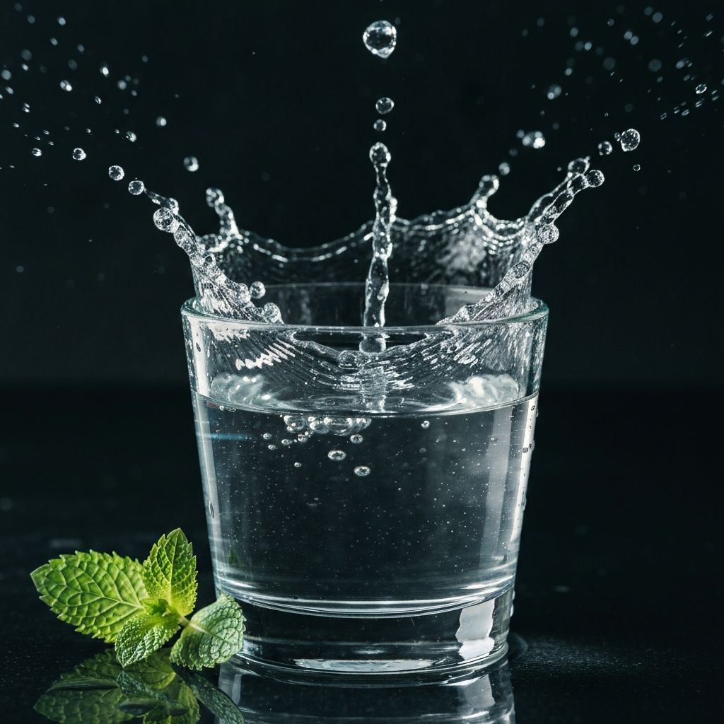 Pure water in a clear glass with fine water droplets and mint leaves