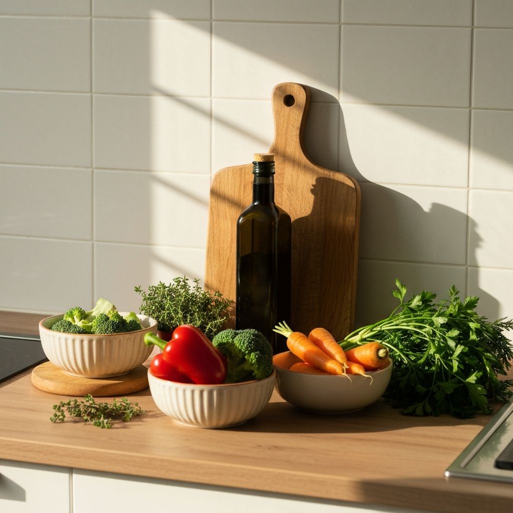 Clean kitchen counter with fresh ingredients and ceramic bowls in warm afternoon light